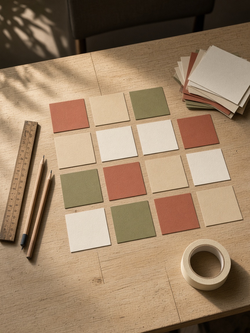 Process cards laid in columns on the oak table