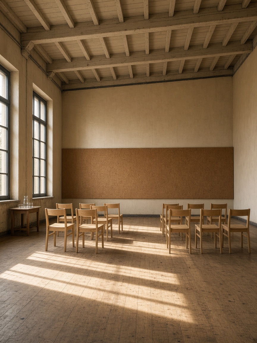 Empty workshop hall with chairs facing the cork wall