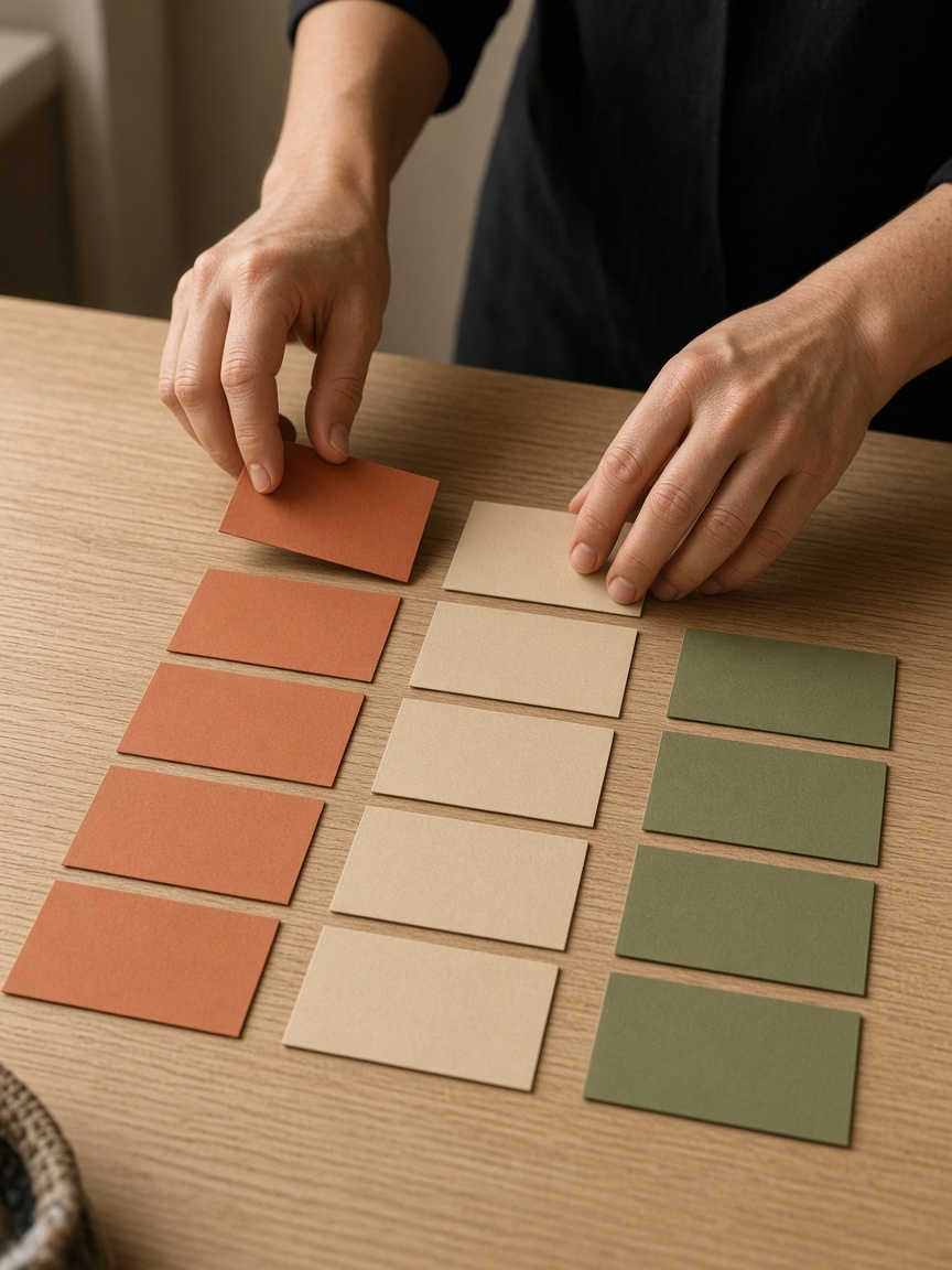 Hands sorting blank cards into stage columns