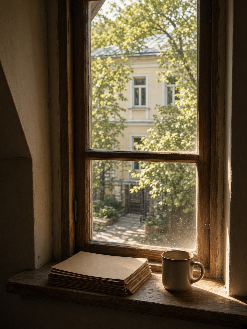 Workshop window opening onto a Chișinău courtyard