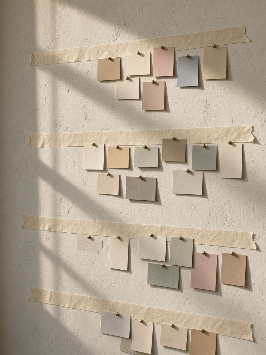 Masking tape timeline on cream plaster