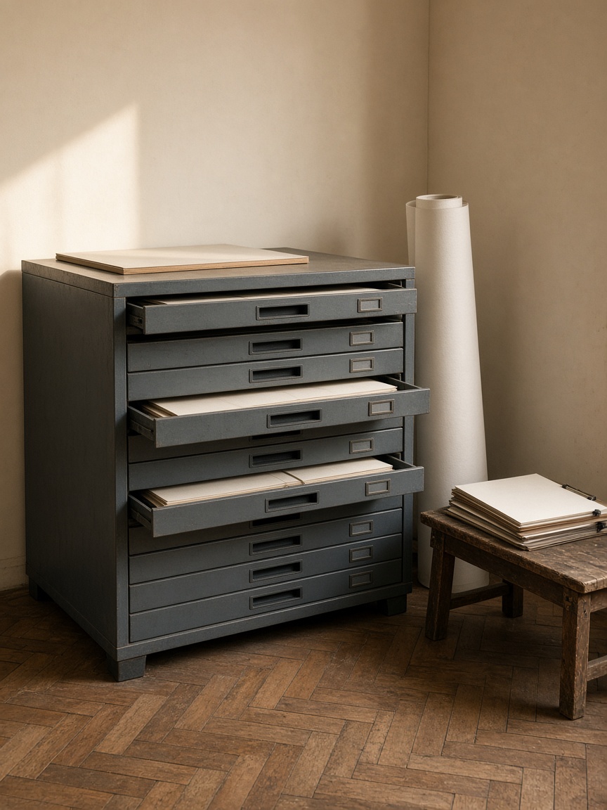Flat files and a standing paper roll in the plotter bay